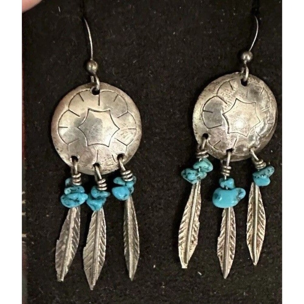 Turquoise & Sterling Silver Concho w dangling Feathers Dangle Earrings Navajo